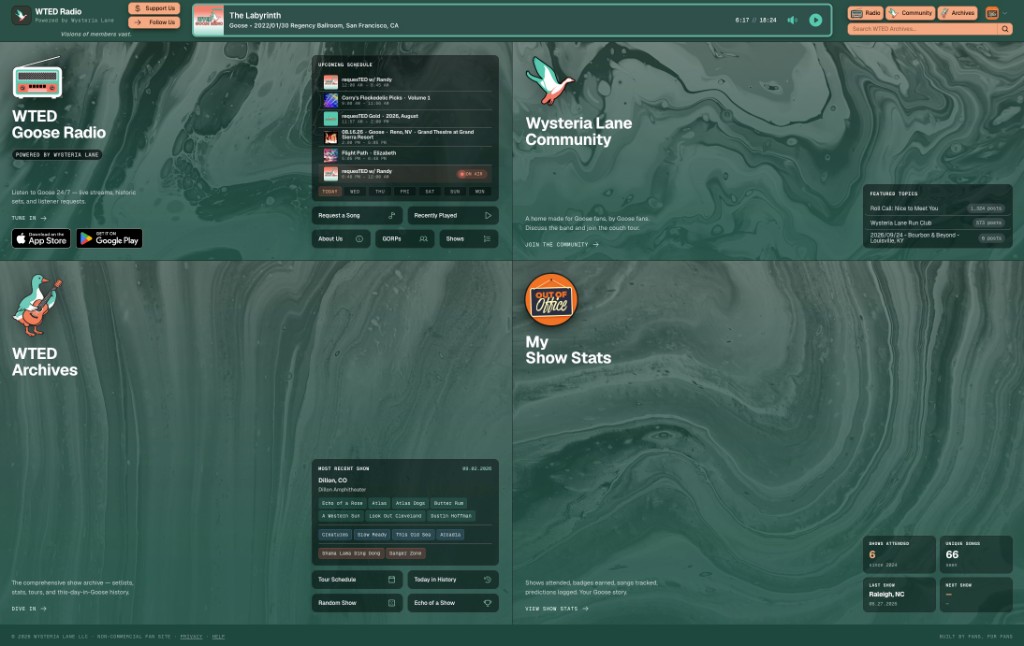 WTEDRadio.com homepage with listen, community, archive, and profile tiles