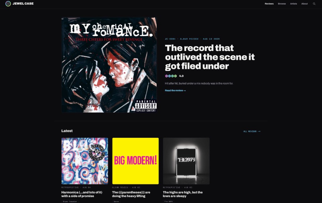 Jewel Case homepage with a featured album review and a latest reviews grid