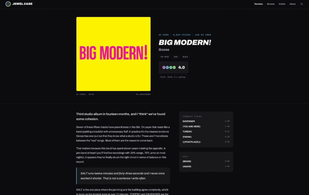 Jewel Case album review for Goose BIG MODERN! with standout and skip tracks